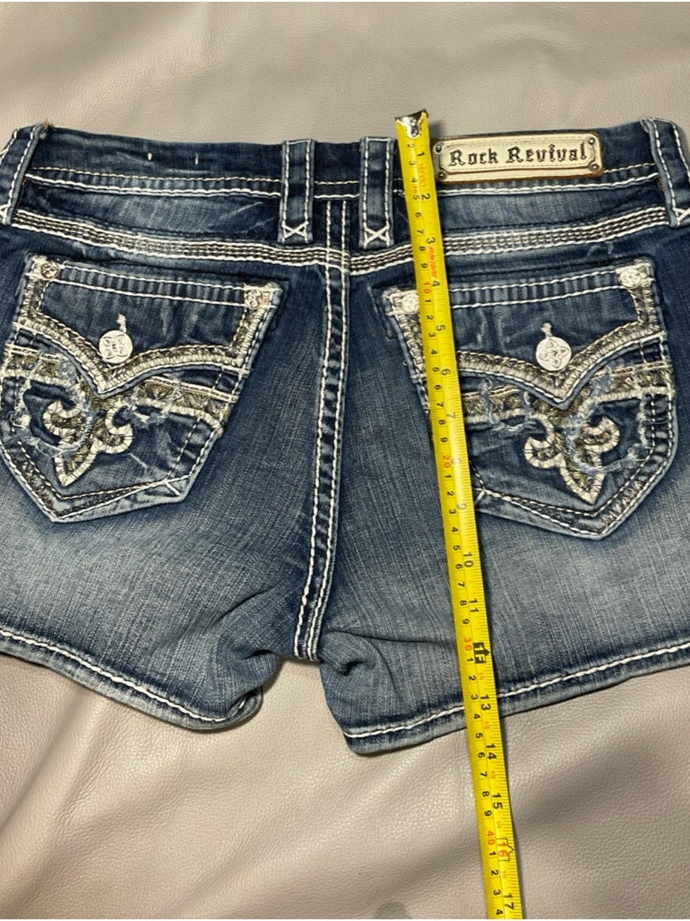 Rock Revival Women's Distressed Blue Jean Shorts with Embroidered Pockets - Picture 9 of 10